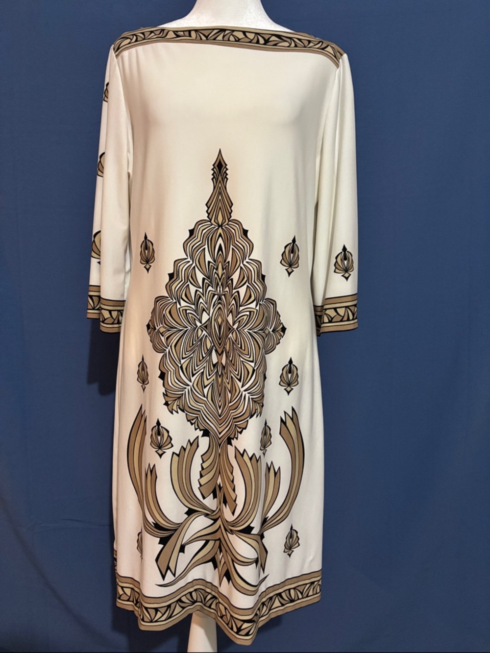 Forever Collectibles Cream Midi Dress with Tan and Brown Ornamental Print